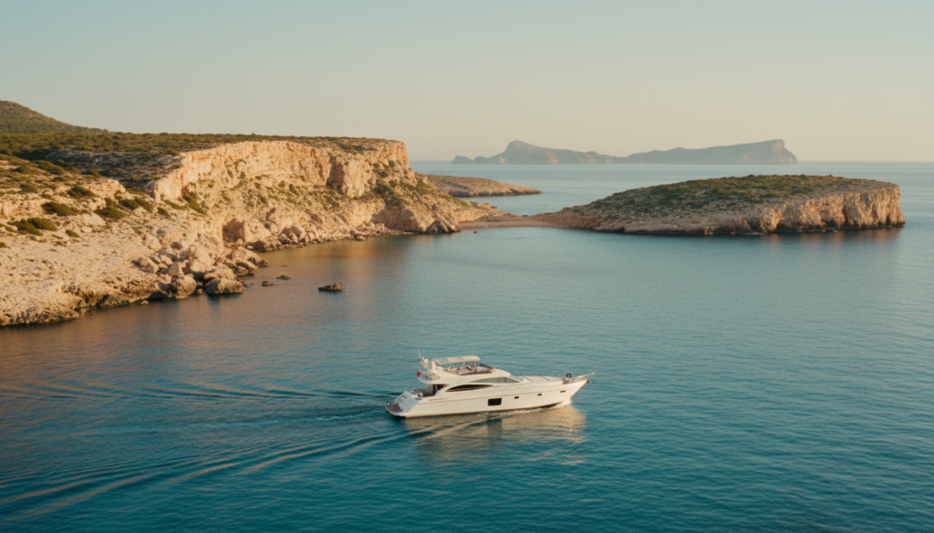 Inselhopping Mallorca: Weisse Luxusyacht vor tuerkisfarbener Bucht und dramatischer Felskuste im goldenen Licht