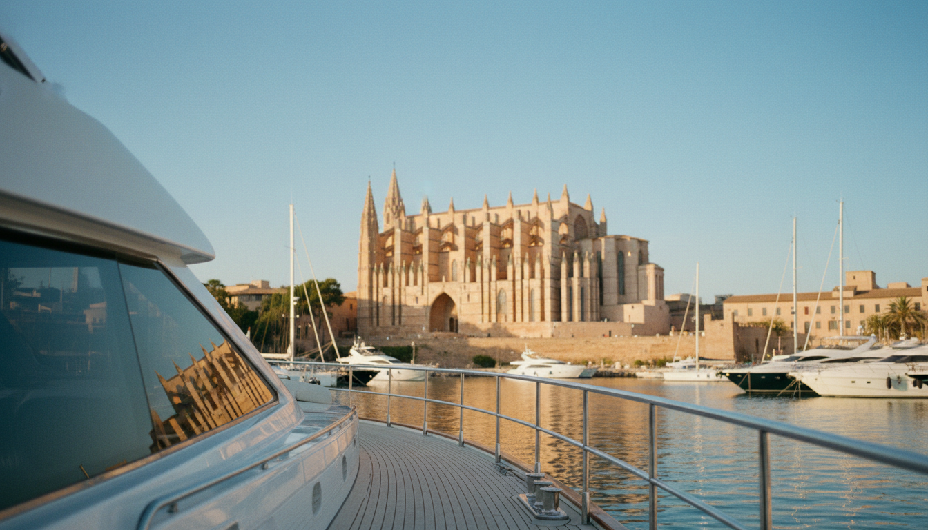 Blick von Luxusyacht-Deck auf die Kathedrale von Palma bei goldenem Licht, Jachthafen und ruhiges Meer