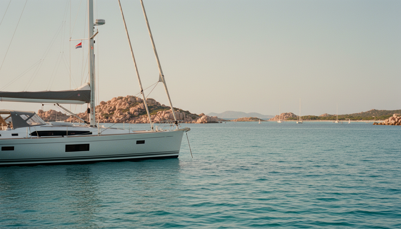 Luxussegelyacht ankert in türkisblauem Wasser im La Maddalena Archipel vor rosa Granitfelsen bei Goldstunde