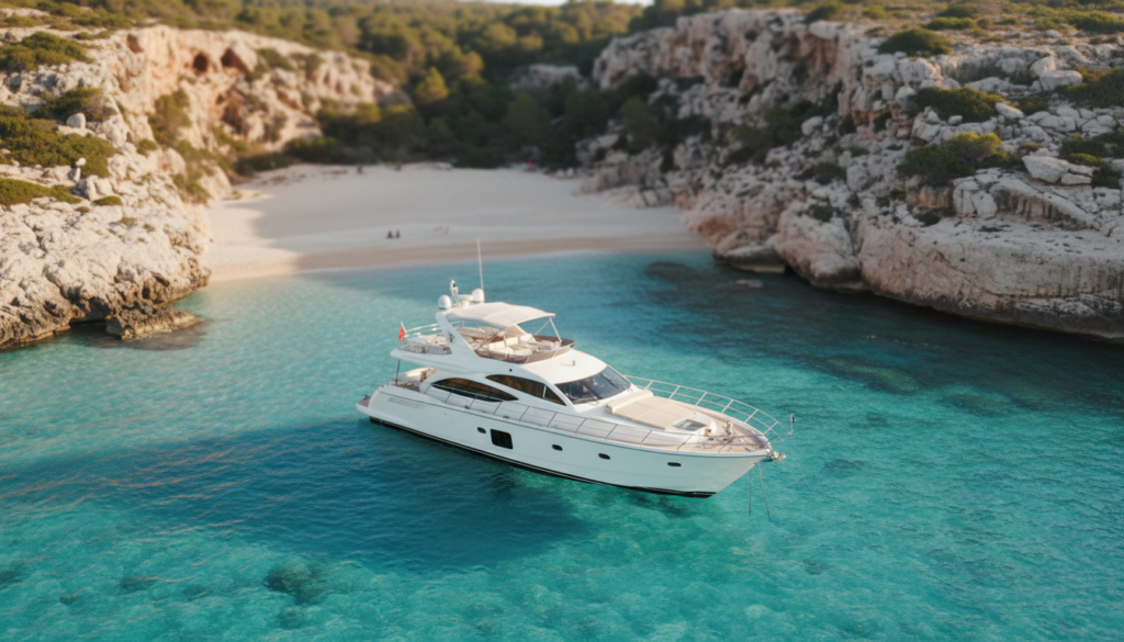 Aerialaufnahme: weiße Luxusyacht in türkis Wasser vor calo des moro und steilen Klippen