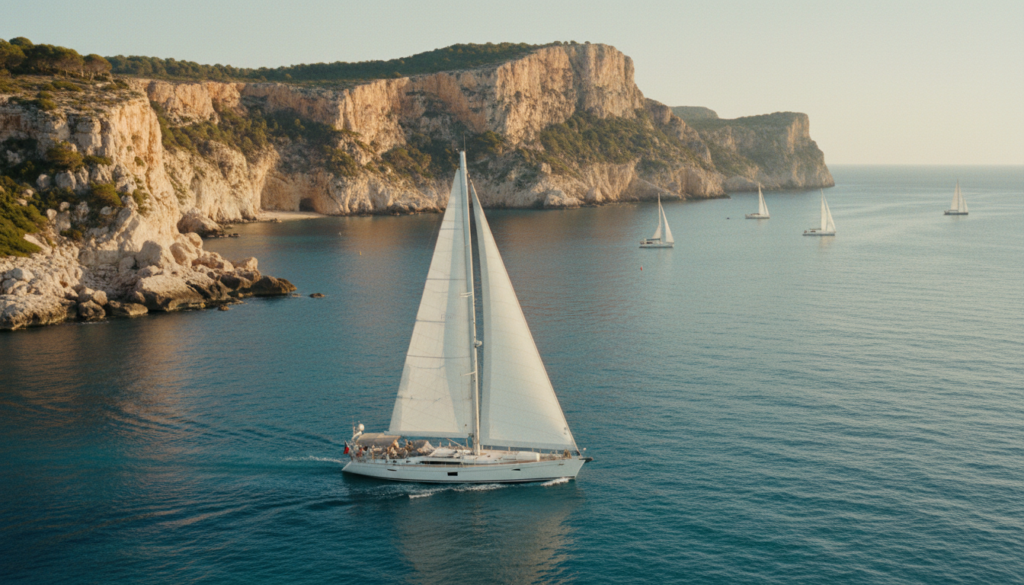 Elegante weiße Segelyacht vor Mallorcas Kalkklippen und türkisblauem Meer – perfekt für mallorca segelrouten.