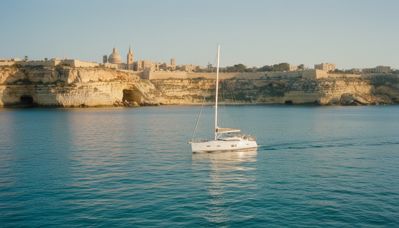 Weiße Yacht segelt in türkisblauem Meer nahe Maltas Kalksteinküste, Malta im April, warmes Licht.