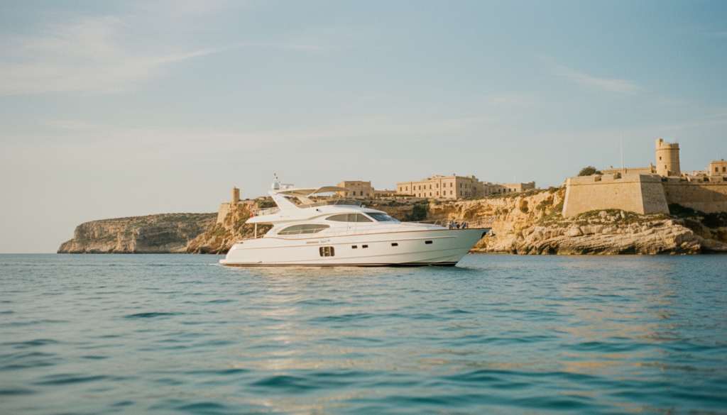 Weiße Luxusyacht segelt vor Maltas goldener Küste im klaren Meer – malta im mai, warmes Licht, Festung im Hintergrund