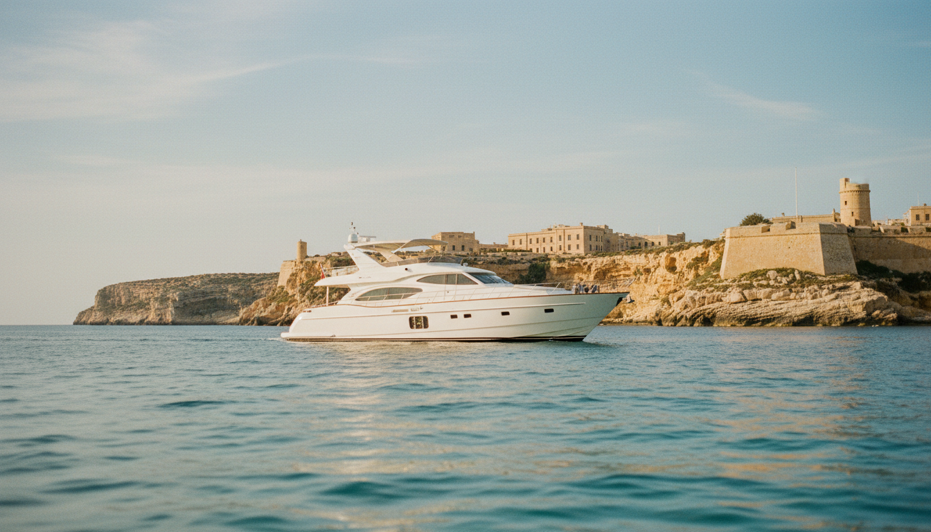 Weiße Luxusyacht segelt vor Maltas goldener Küste im klaren Meer – malta im mai, warmes Licht, Festung im Hintergrund