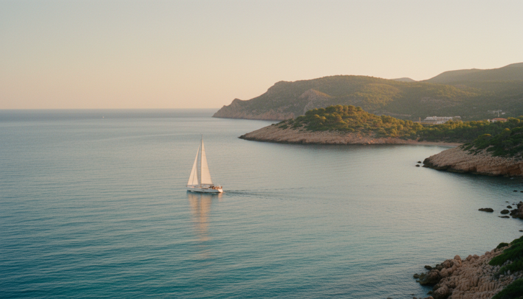 Luxusyacht mit weißen Segeln gleitet durchs türkisblau des Mittelmeers vor felsiger Küste – Mittelmeer Segelzeiten.