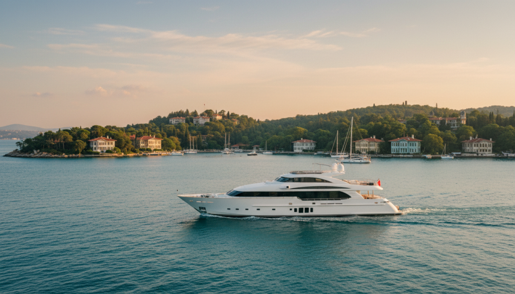 Luxusjacht segelt vor den Prinzeninseln im türkisfarbenen Marmarameer mit historischen Holzvillen – prinzeninseln yachttrip