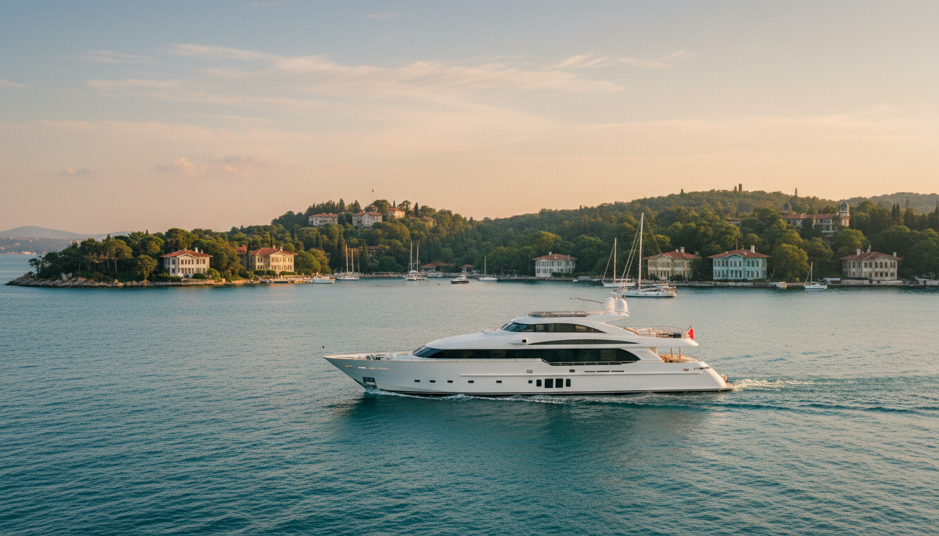 Luxusjacht segelt vor den Prinzeninseln im türkisfarbenen Marmarameer mit historischen Holzvillen – prinzeninseln yachttrip