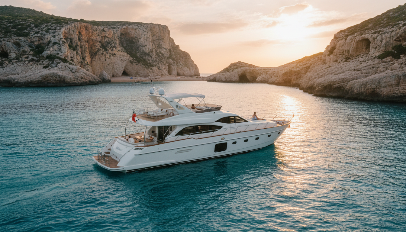 Private Bootstour Spanien: weisse Luxusyacht segelt bei Goldstunde an zerkluefteter Kueste, tuerkis Wasser, elegantes Deck