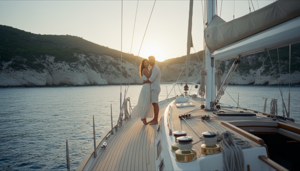 Paar auf Deck einer Luxusyacht bei goldenem Sonnenuntergang, romantischer yachturlaub griechenland mit türkisblauer Ägäis