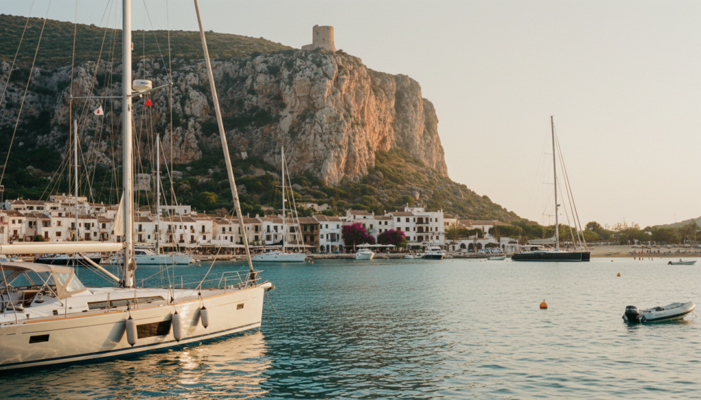 Elegante Segelyachten in kristallklarem Wasser vor Santa Maria Navarrese, goldene Abendstimmung