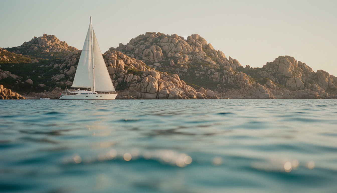 Weisse Luxusyacht segelt vor Granitfelsen an Sardiniens Küste im türkisblauen Meer, sardinien yacht tagescharter