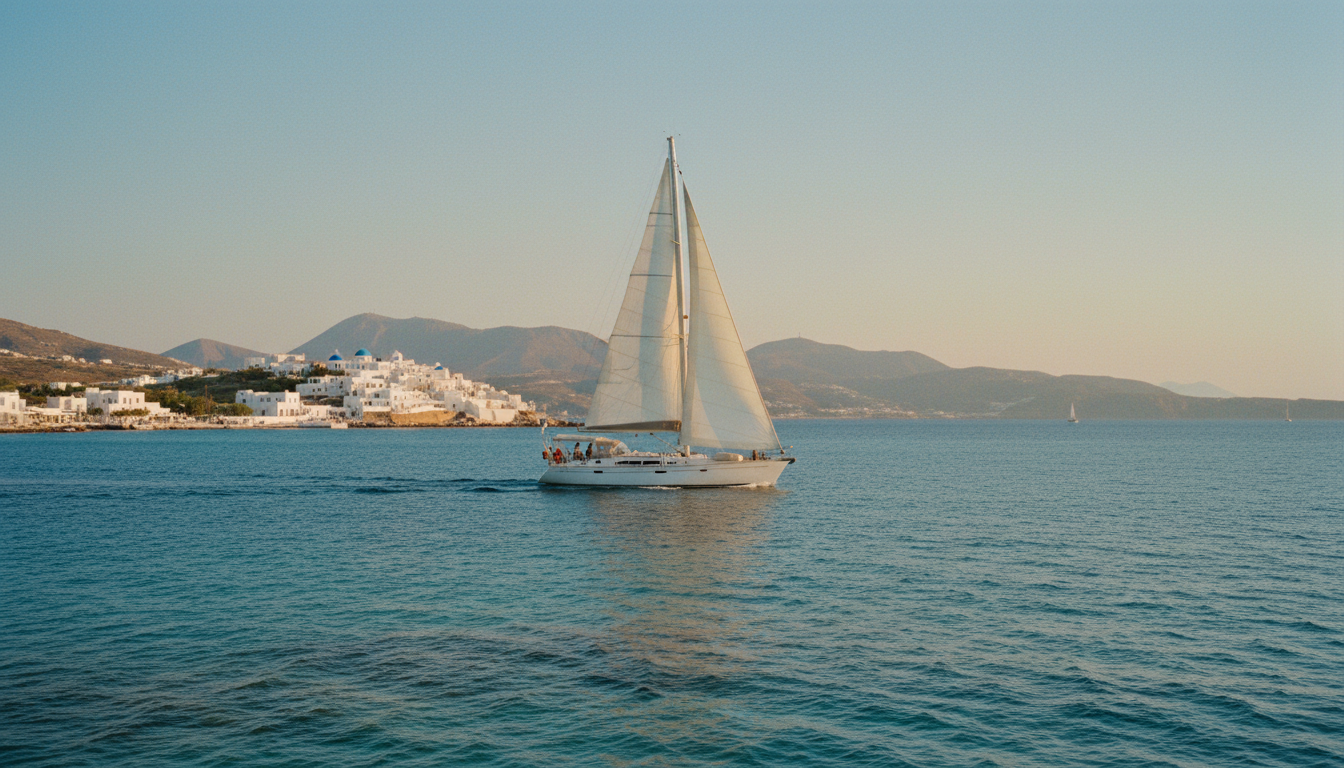 Elegante weiße Segelyacht in türkisblauem Wasser vor griechischen Inseln, segeln griechenland