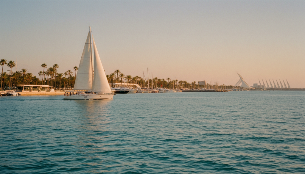 Valencia segeln: Luxusyacht bei Sonnenuntergang vor Valencia-Küste, Marina mit Palmen, City of Arts and Sciences am Horizont