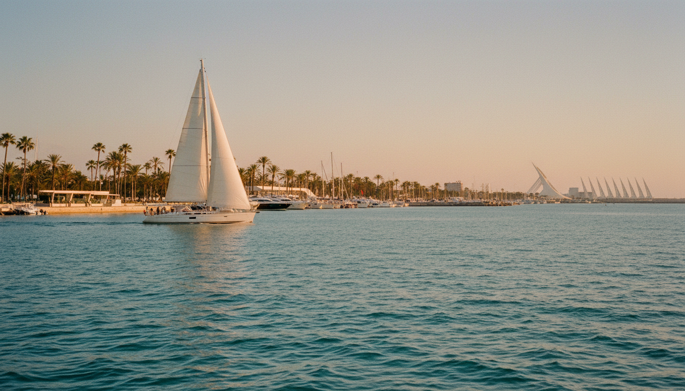Valencia segeln: Luxusyacht bei Sonnenuntergang vor Valencia-Küste, Marina mit Palmen, City of Arts and Sciences am Horizont