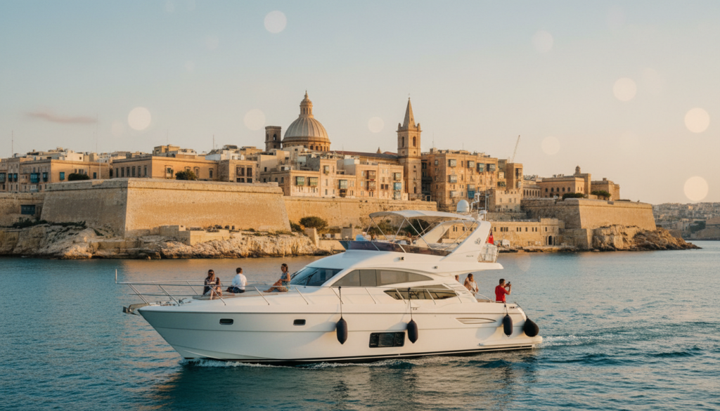 Valletta City Cruise mit Yacht: Weiße Luxusyacht vor honigfarbenen Festungsmauern, Touristen auf Deck im warmen Abendlicht.