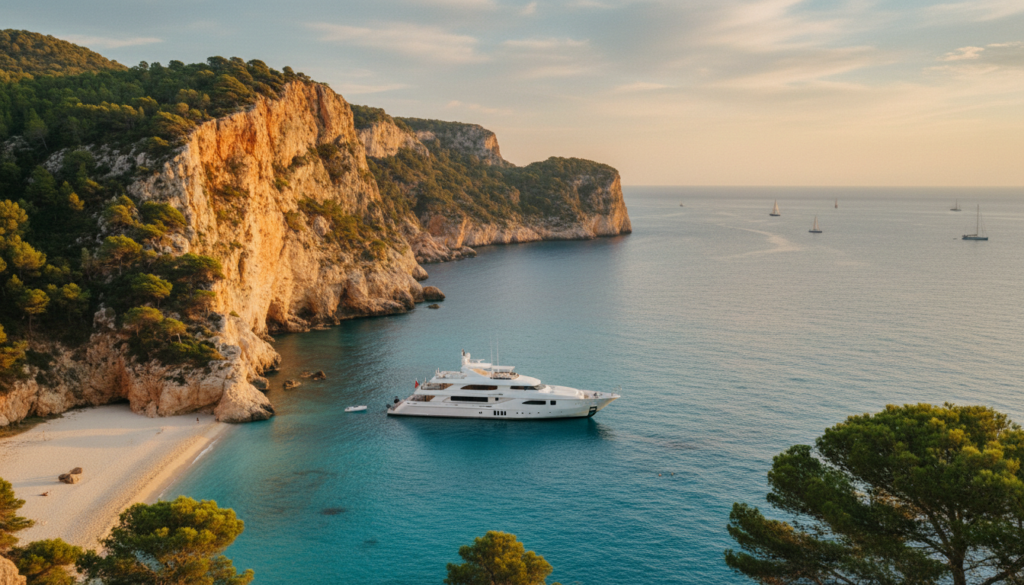 Weiße Luxusyacht in türkisener Bucht bei Ibiza, Sonnenuntergang, Klippen und ruhige Buchten – yacht route ibiza.