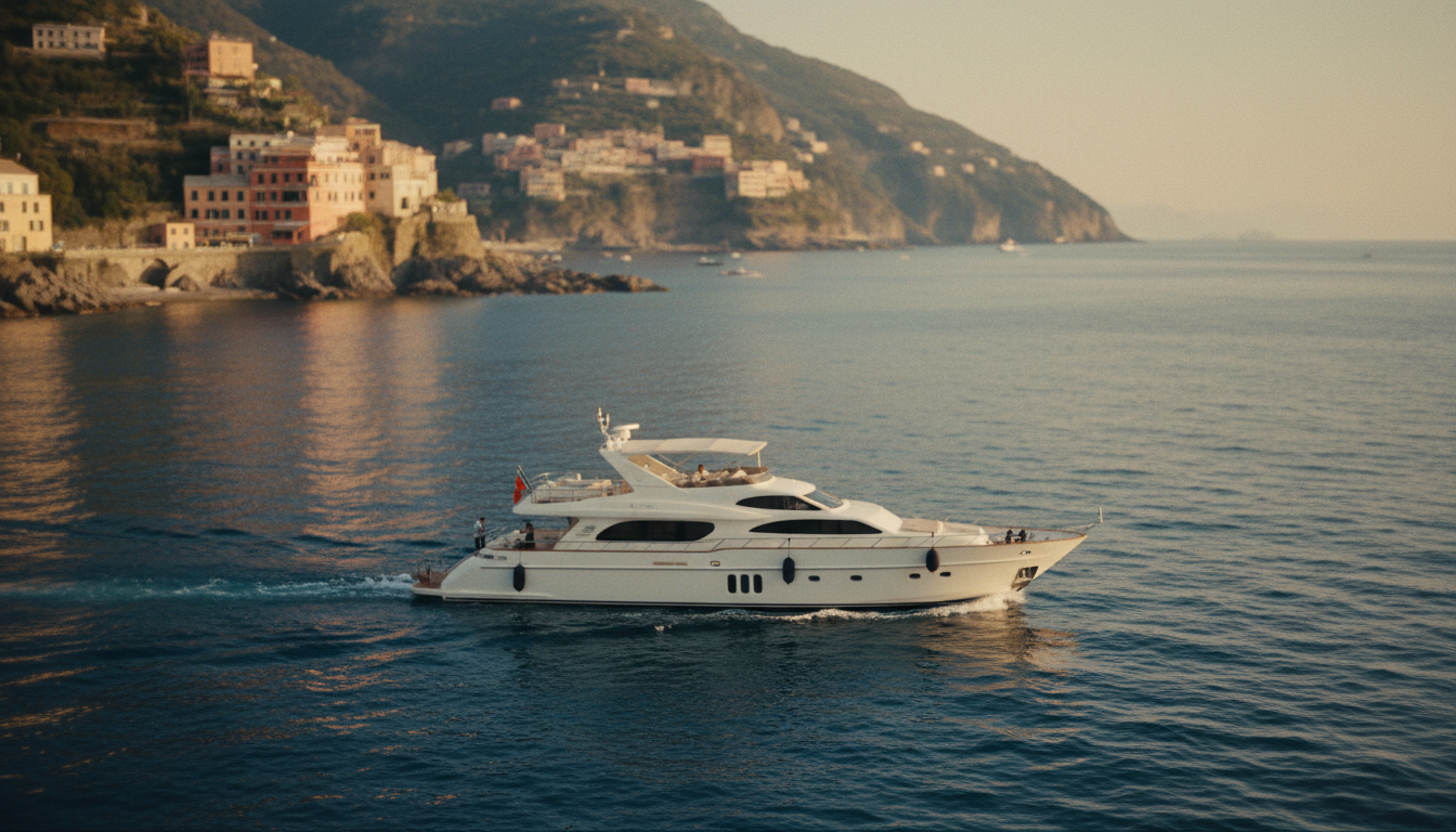 Weiße Luxusyacht vor pastellfarbener Küste bei Sonnenuntergang – Informationen zu yachtcharter kosten italien