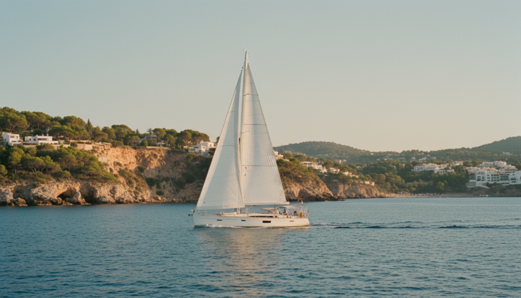 Weiße Segelyacht vor türkisfarbener Küste und Klippen, goldenes Licht – ideal für yachtcharter spanien sommer