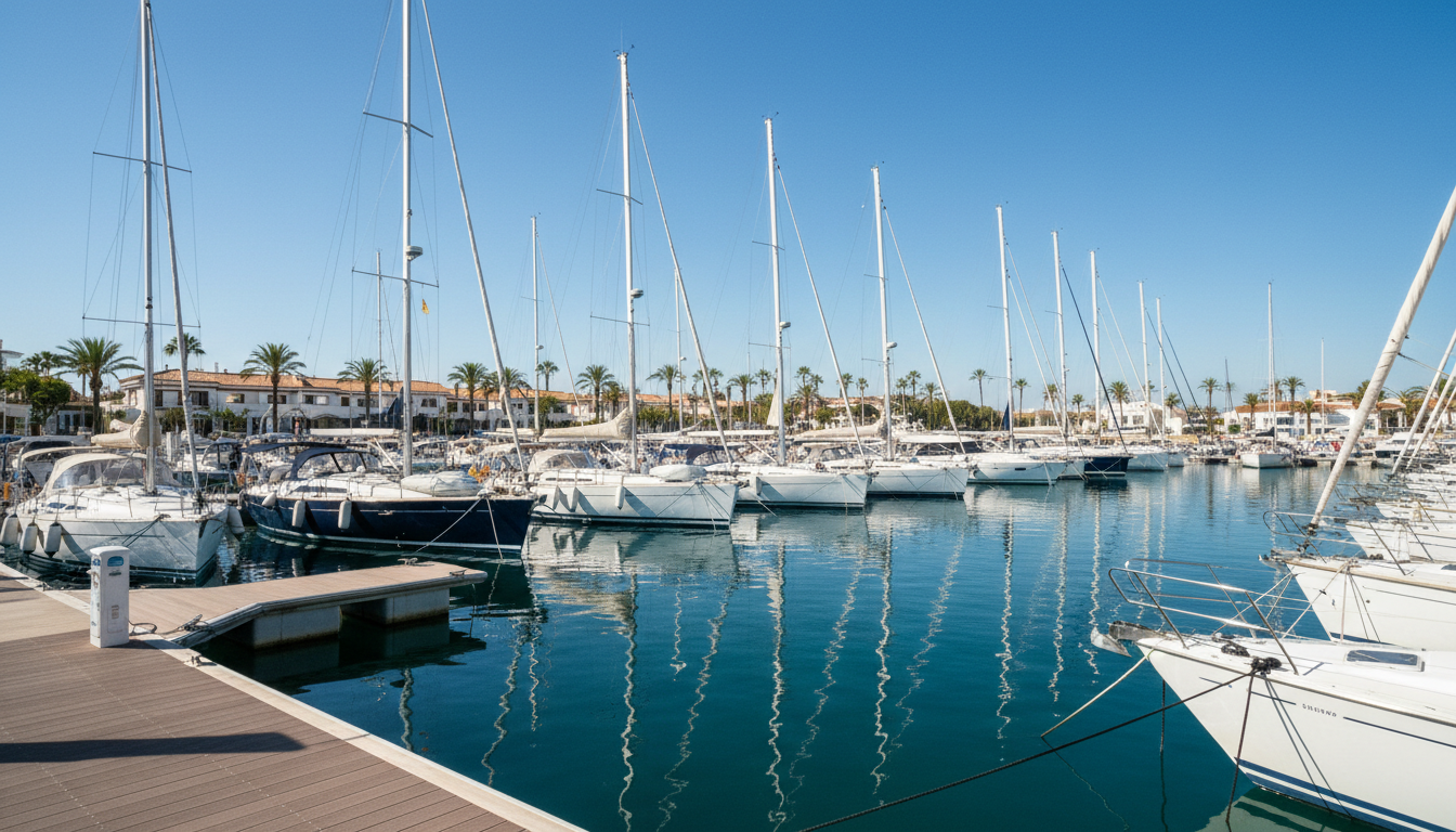 Valencia segeln: Luxusyachten im Real Club Nautico Valencia segeln: Luxusjachten am Real Club Nautico, moderne Stege, blaues Mittelmeer und helle mediterrane Architektur