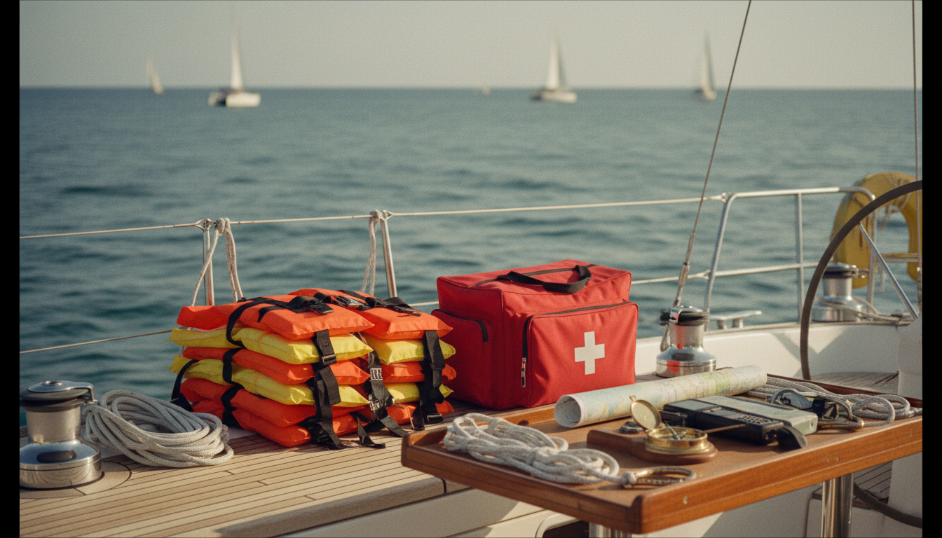 Valencia Segeln: Sicherheit an Bord der Yacht Rettungswesten, Verbandskasten und Navigation an Deck einer Segelyacht – Valencia segeln im Mittelmeer.