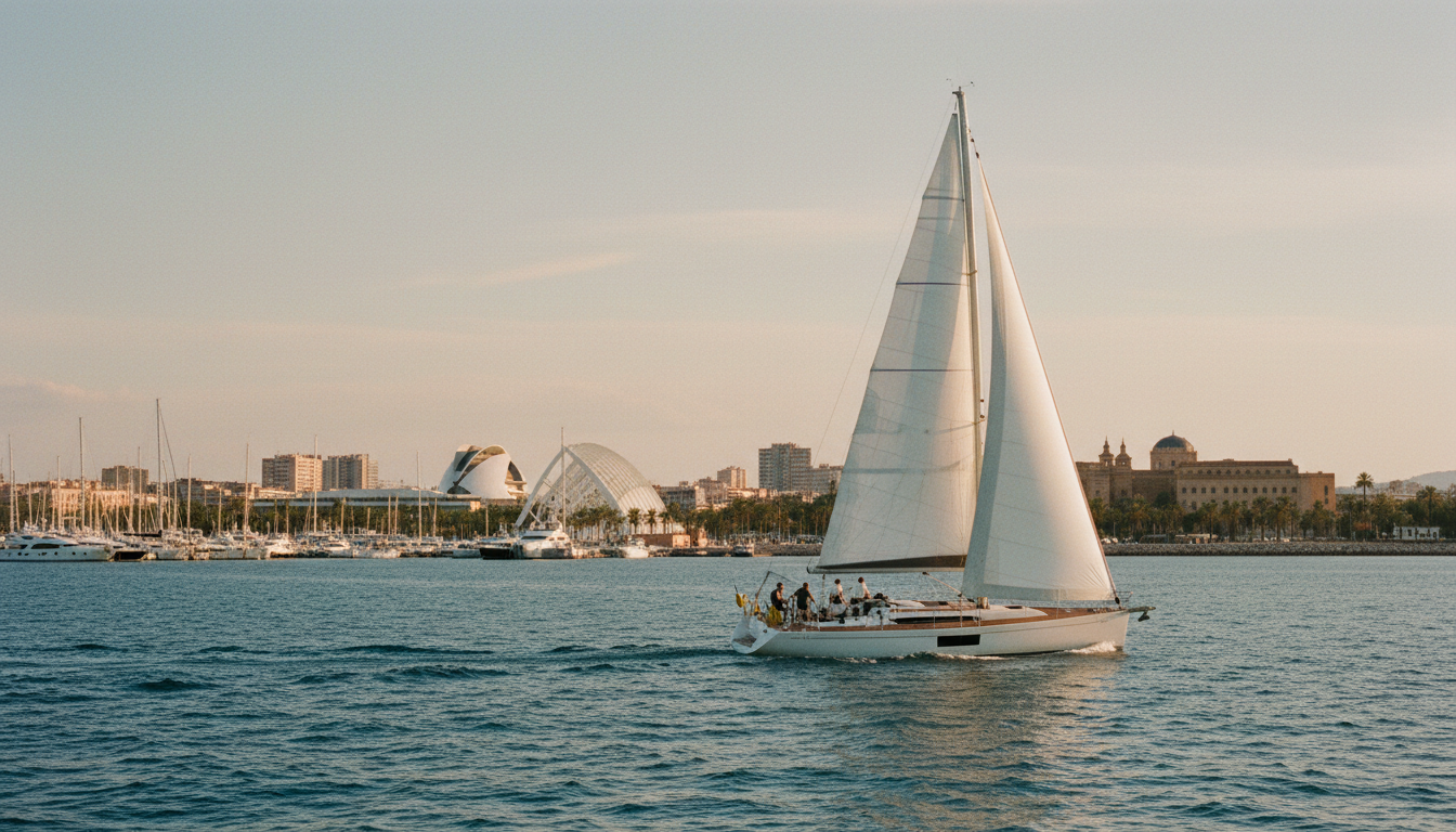 Valencia segeln: Yacht vor Marina Stadt. Weiße Segelyacht mit vollen Segeln vor Valencia und Marina bei Golden Hour, valencia segeln in blauem Mittelmeer