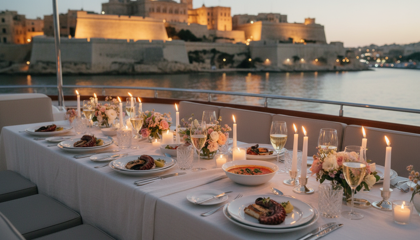 Elegantes Abendessen an Deck bei Valletta, valletta city cruise mit yacht, beleuchtete Mauern, Kerzenlicht und Champagner.