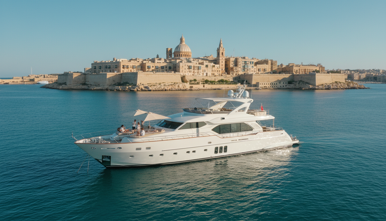 Valletta City Cruise mit Yacht: Luxusyacht ankert in türkisblauem Wasser, Sonnendeck mit Gästen und Blick auf Three Cities