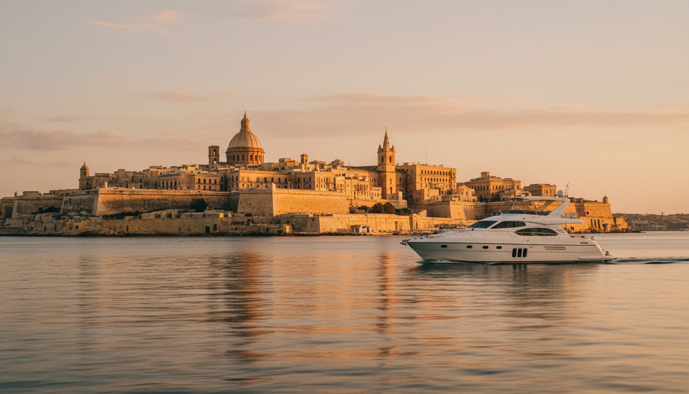 Valletta City Cruise mit Yacht: Luxus-Motorboot vor goldenen Festungsmauern bei Sonnenuntergang