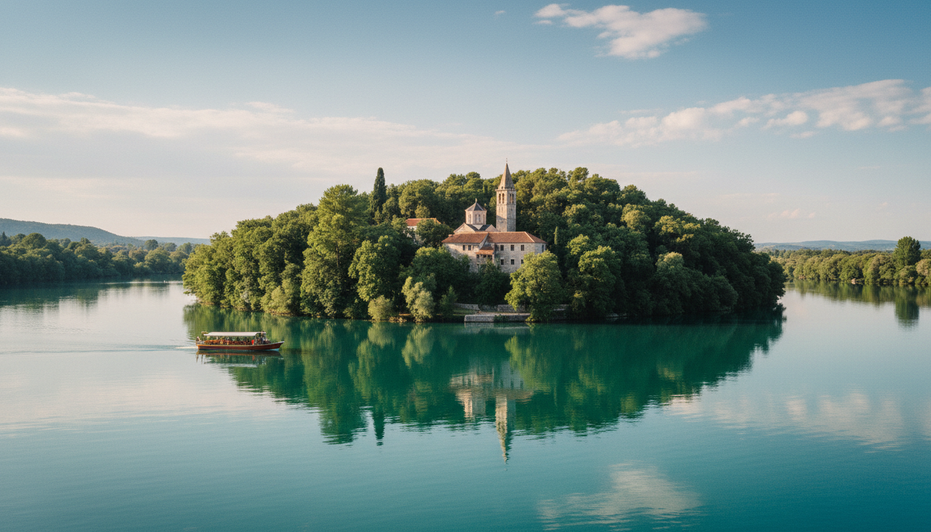 Visovac-Insel mit orthodoxem Kloster im nationalpark krka, türkisblaues Wasser, Boot nähert sich