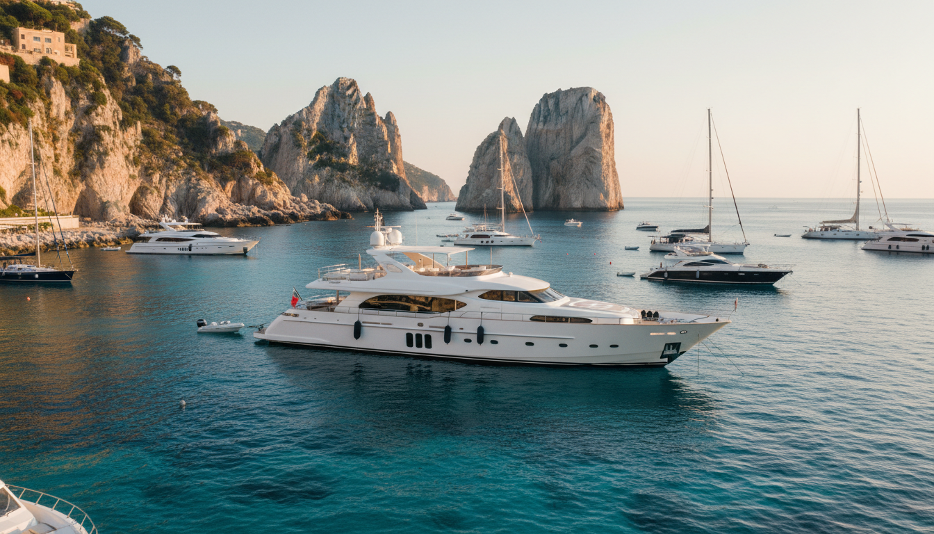 Drohnenaufnahme einer Luxusyacht vor den Faraglioni, türkisblaues Wasser und Marina Grande – Amalfi Küste im goldenen Licht
