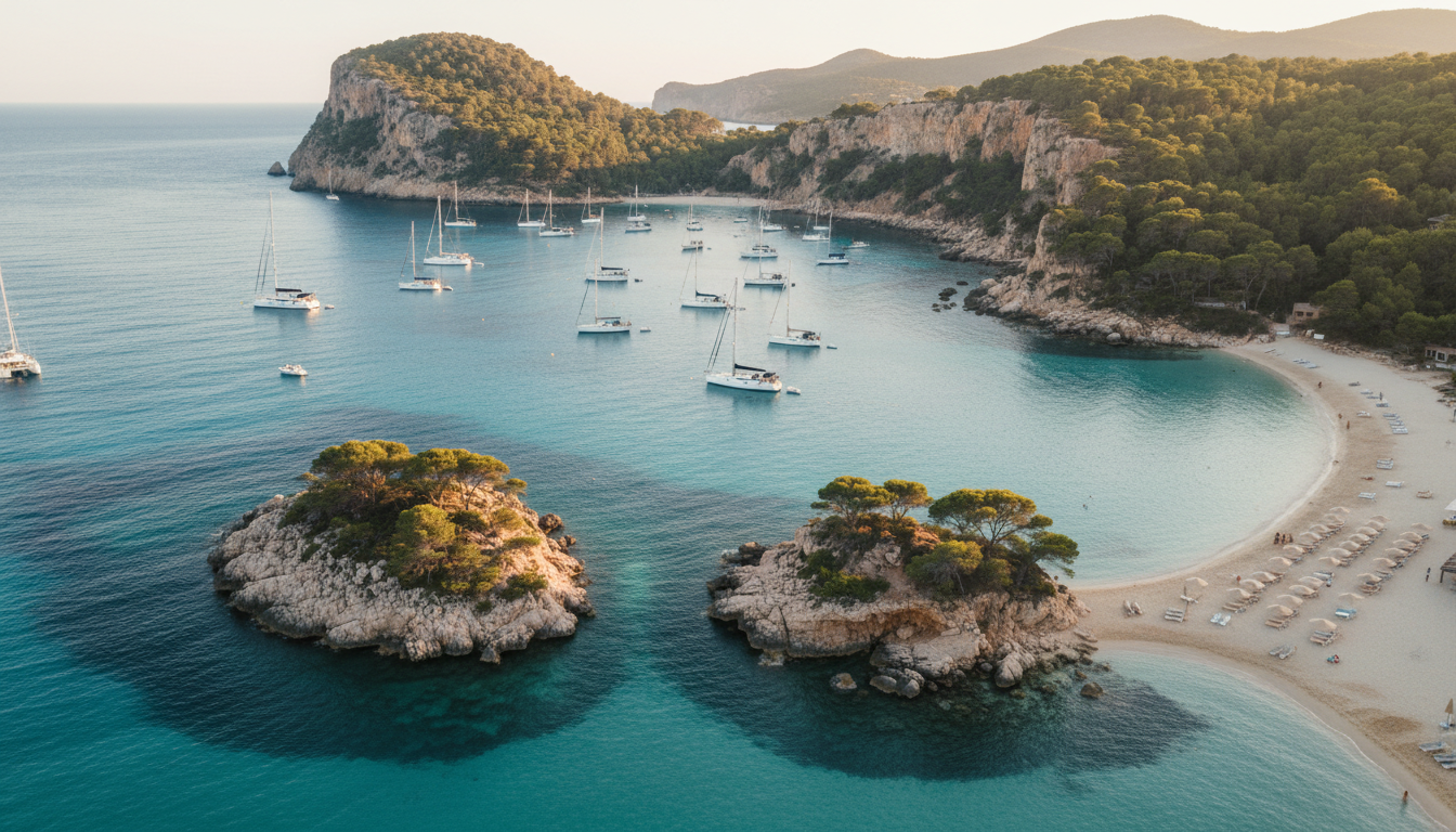 Luftaufnahme von Cala Comte: türkisfarbenes Wasser, geankerte Segelboote und Pinienklippen — yacht route ibiza