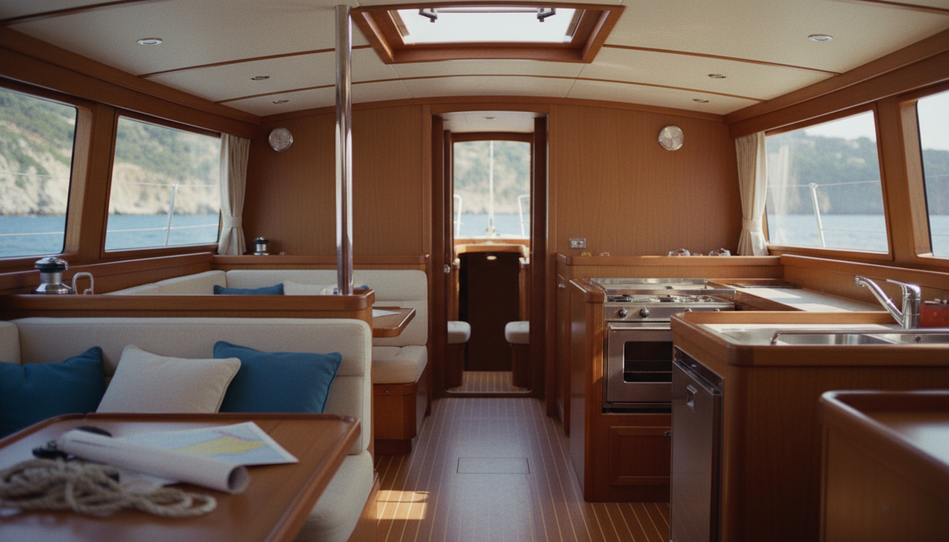 Modernes Segelboot-Interieur mit Pantry und Salon, italienische Küste sichtbar - yachtcharter kosten italien im Fokus
