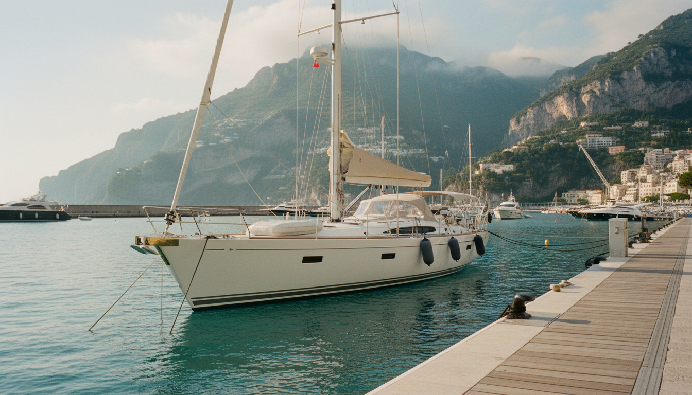 Luxusyacht am modernen Steg in Sardinien, türkisblaues Mittelmeer und Berge – yachtcharter kosten italien