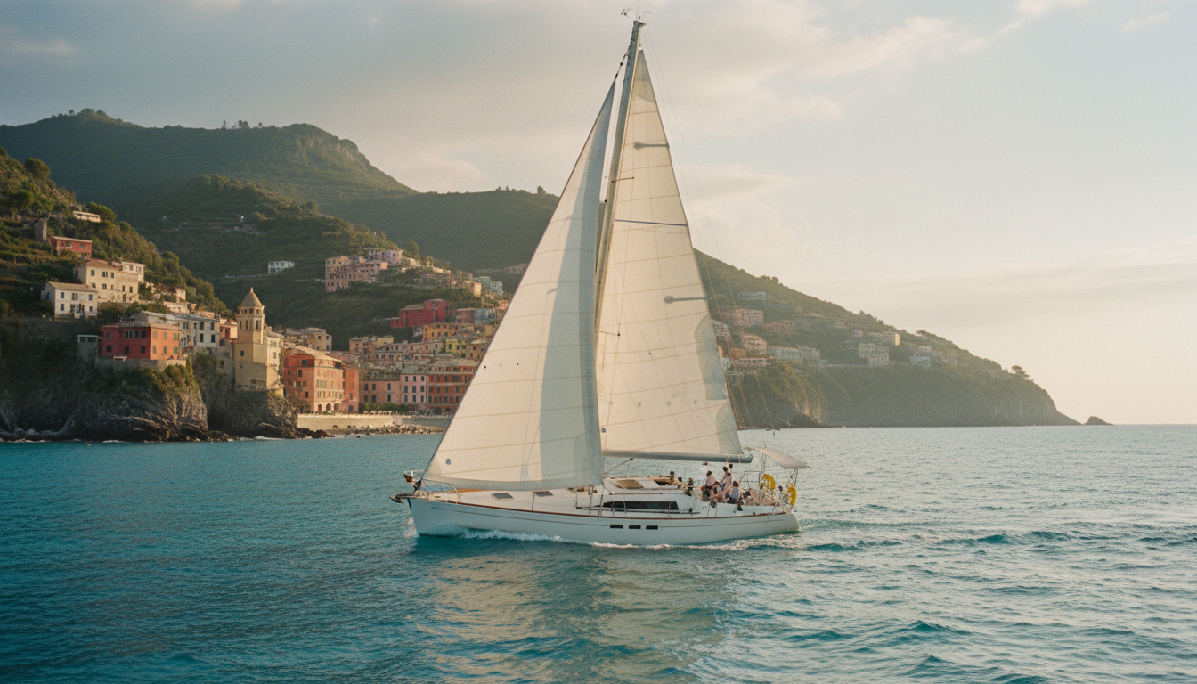 Segelboot mit weißen Segeln in klarem Wasser vor italienischer Küste und Dörfern, yachtcharter kosten italien
