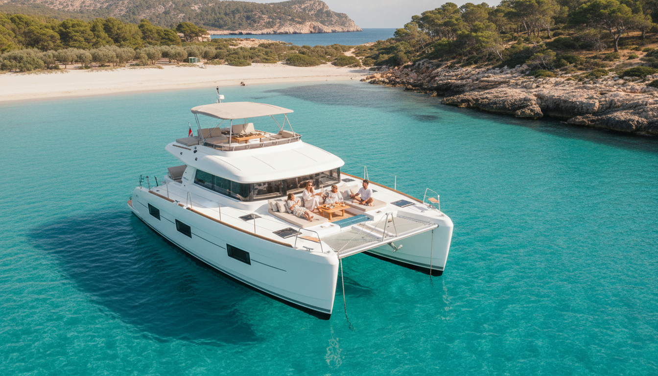 Yachtcharter Spanien Sommer – Luxuskatamaran Balearen Luxuskatamaran in türkisfarbener Bucht bei den Balearen, Familie entspannt an Deck – yachtcharter spanien sommer.