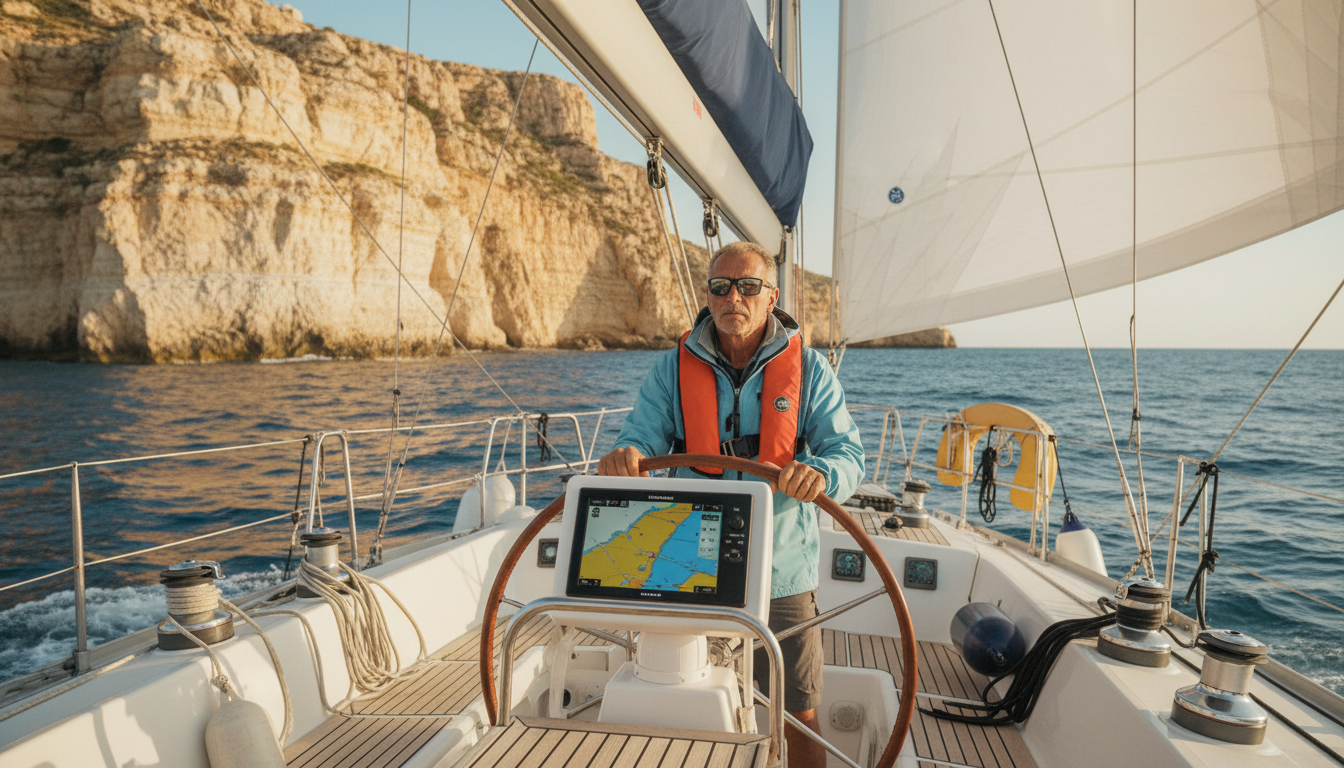 Skipper steuert Yacht nahe Maltas Kalkklippen, klarer blauer Mittelmeer, GPS sichtbar — Malta im Mai